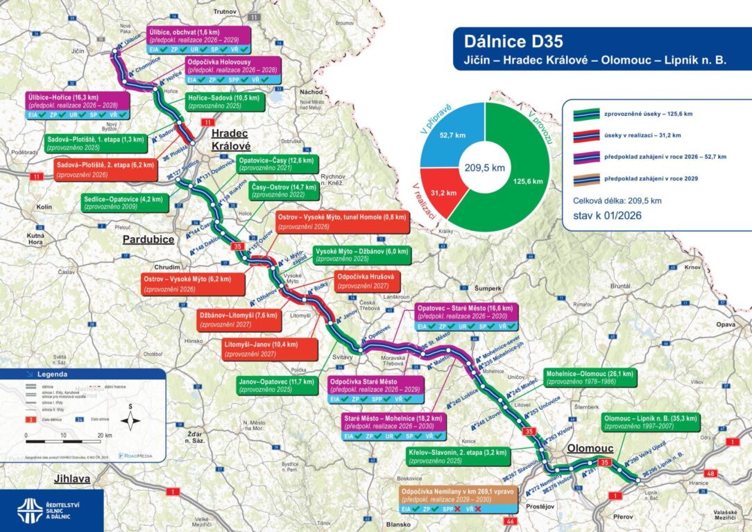 Plánovaná trasa dálnice D35 mezi Opatovcem a Mohelnicí. Výstavba dvou navazujících úseků o celkové délce 35,4 kilometru má proběhnout formou PPP projektu.