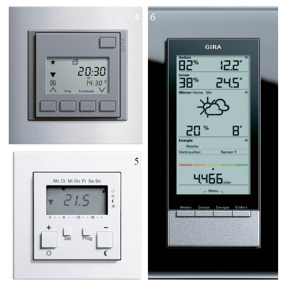 4. Elektronické řízení žaluzií 5. Regulátor teploty v místnosti s hodinami 6. Gira Meteostanice - Meteorologická stanice zobrazující energie kombinuje zobrazení údajů o počasí a spotřebě energie v jednom přístroji.