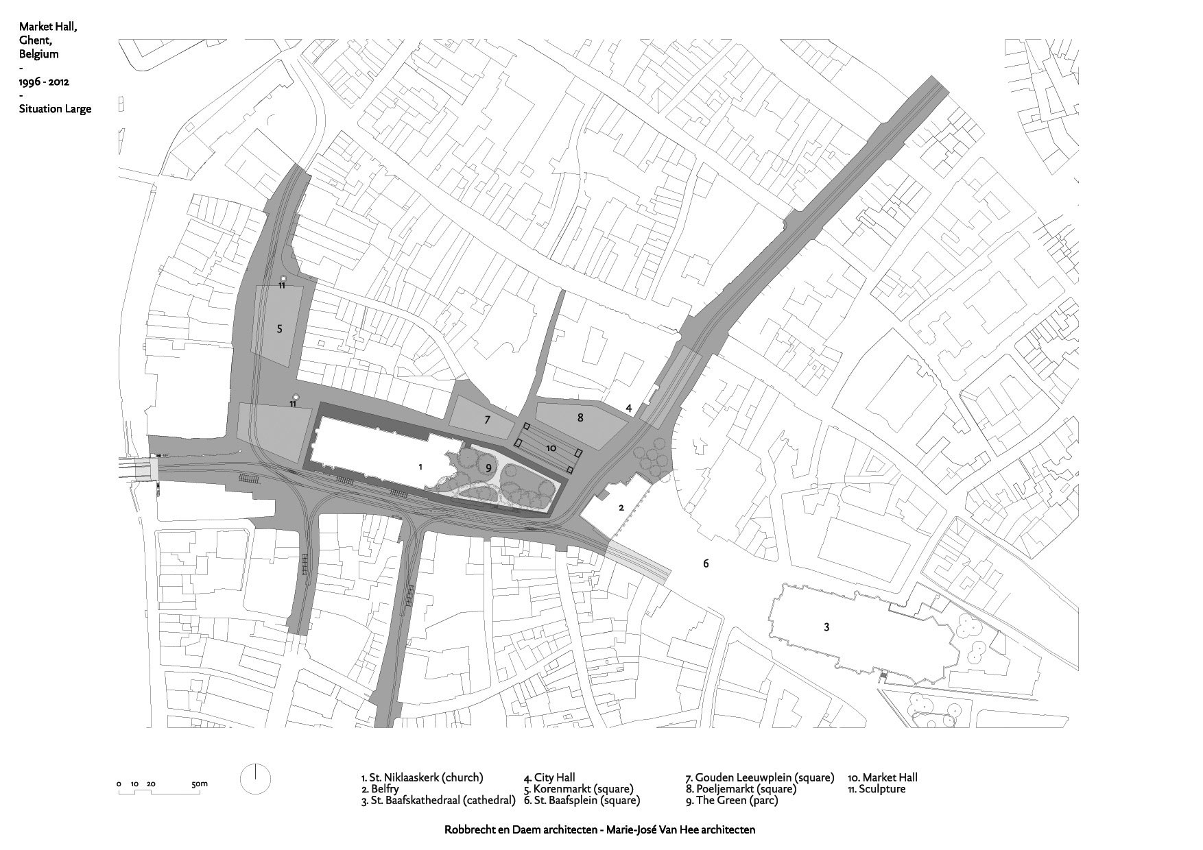 Situace  1. kostel St. Niklaaskerk, 2.  zvonice, 3.  katedrála St. Baafskathedraal, 4.  radnice, 5.  náměstí Korenmarkt, 6.  náměstí před katedrálou, 7.  náměstí Gouden Leeuwplein, 8.  tržiště, 9.  park The Green, 10.  nová tržnice, 11. socha