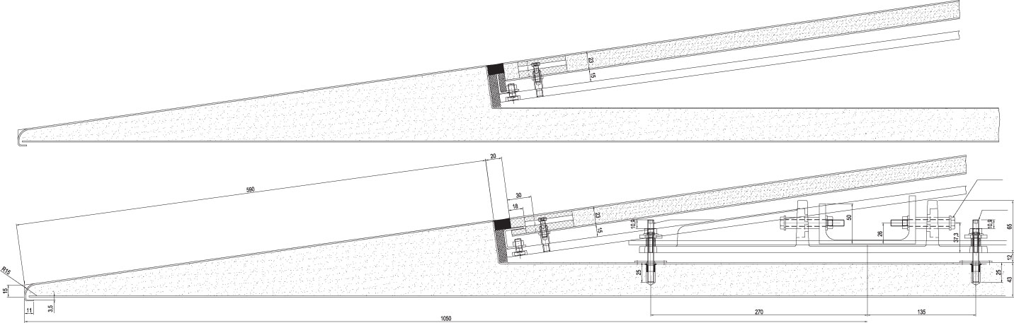 A – Detail upevnění podhledu na šikmý nosník B – Detail upevnění šikmého nosníku na nosnou konstrukci