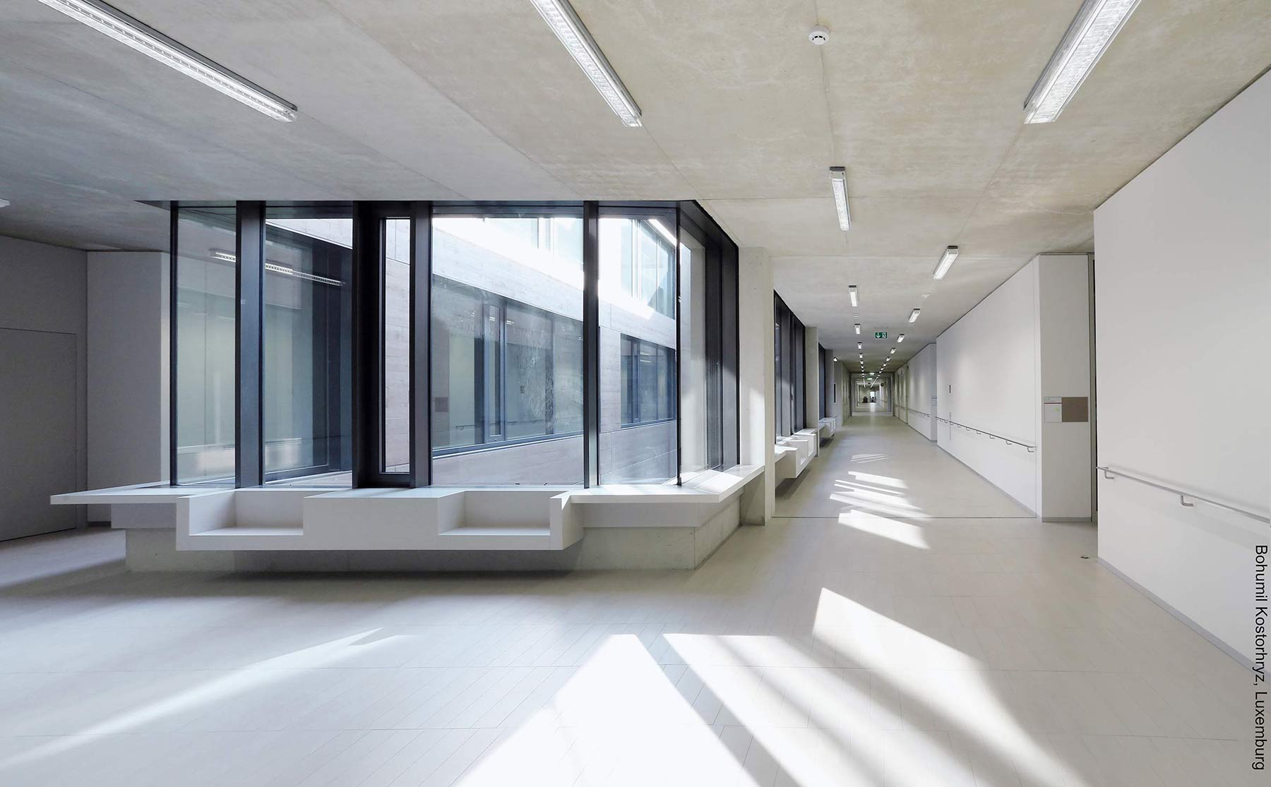 Vnitřní prostory lucemburské školy European School II charakterizuje množství denního světla, jemné světlé barvy a čisté struktury.