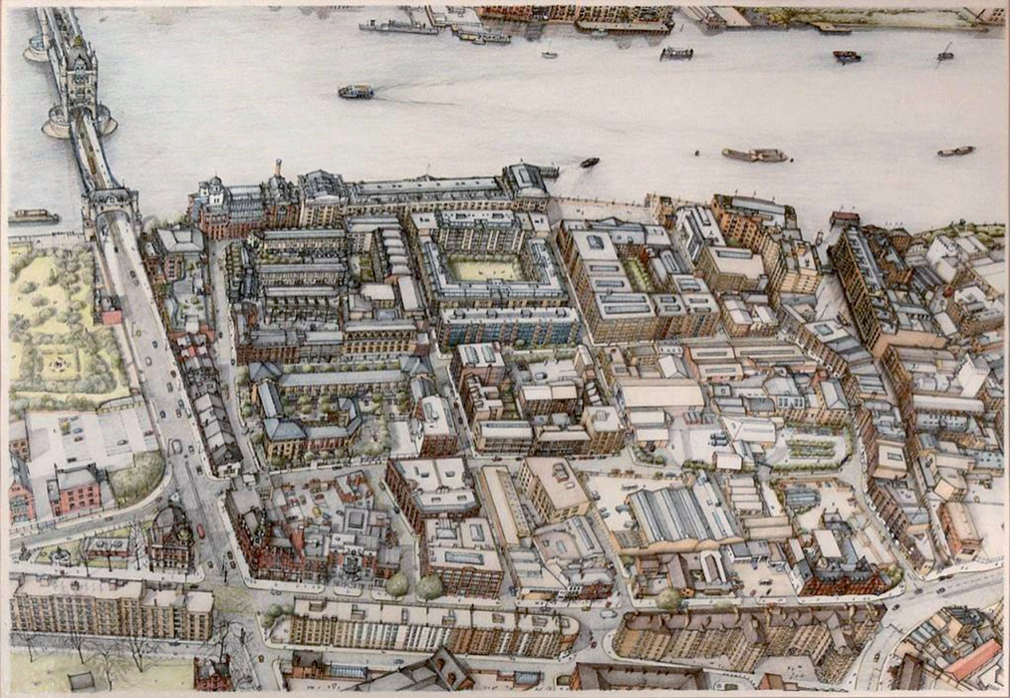 Revitalizace pobřeží Shad Thames v Londýně (Rober Votický, ruční kresba)