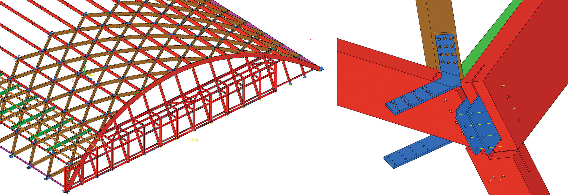 Obr. 3 Výstupy z 3D CAD modelování: a) prostorový model b) typický detail styčníku