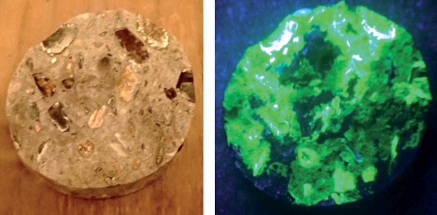 Obr. 5: Vlevo lomová plocha s dobře viditelnými lemy rozpínavých gelů kolem kameniva, vpravo snímek z kolorimetrické zkoušky s pomocí uranyl acetátu pod UV lampou
