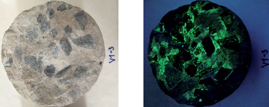 Obr. 6: Vzorek betonu nezasažený ASR, reakce na kolorimetrickou zkoušku pod UV lampou (vpravo)