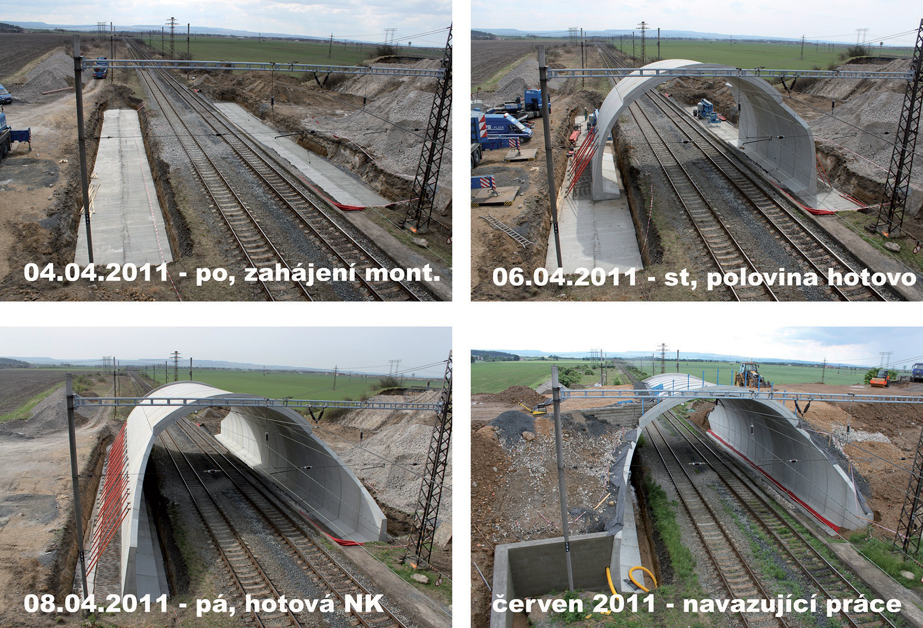 Postup výstavby silničního mostu nad tratí poblíž Vyškova – montáž prefabrikované klenby probíhala od pondělí 4. 4. 2011 do pátku 8. 4. 2011.