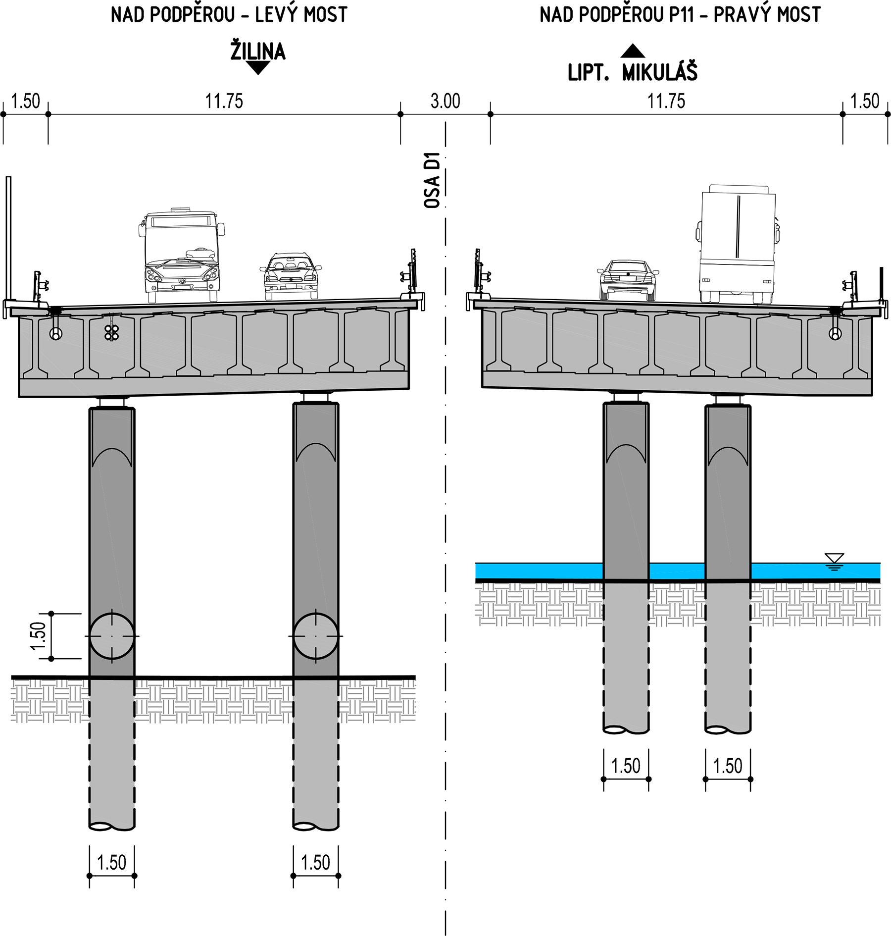 Obr. 10 Příčný řez mostem 216-00 – standardní uložení (vlevo) a uložení na P11 (vpravo)