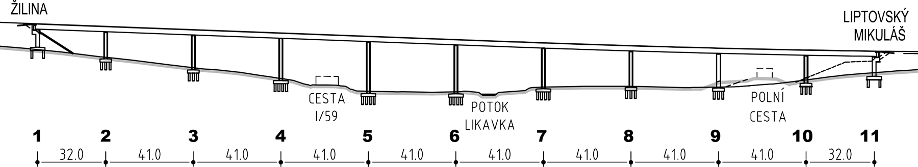 Obr. 2 Podélný řez hlavním mostem 210-00