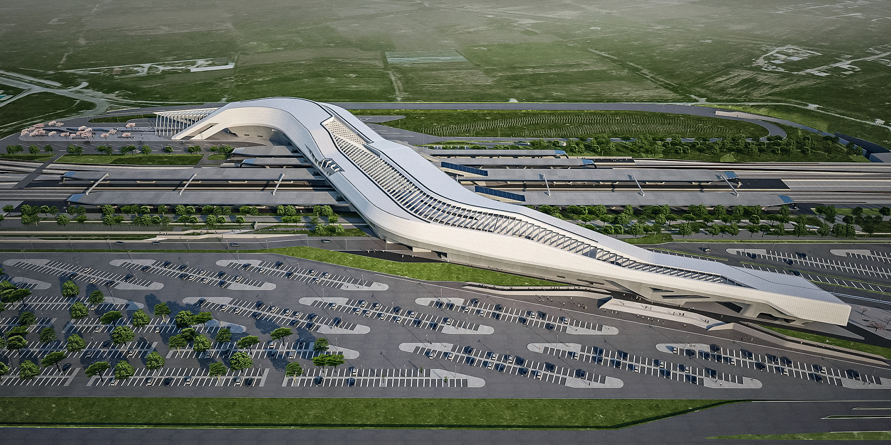 Nádraží projektované britskou architektkou iráckého původu Zahou Hadid, připomínající svým tvarem most, se vznáší 30 metrů nad kolejištěm. Toto nádraží futuristického vzhledu tak funguje jako brána do Neapole. (Foto: Zaha Hadid Architects)