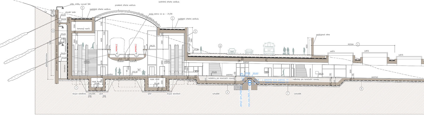 Příčný řez stanice Nemocnice Motol (METROPROJEKT Praha, a.s.)