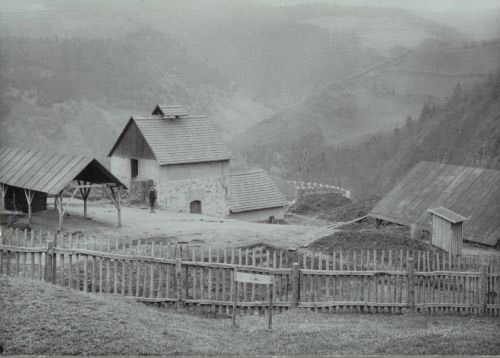 Rok. 1910, pohled na místo, na kdysi ještě nezalesněné kopce, a sušárnu s kamennou zdí v přízemí, majitelem byl konkrétně Rudolf David.