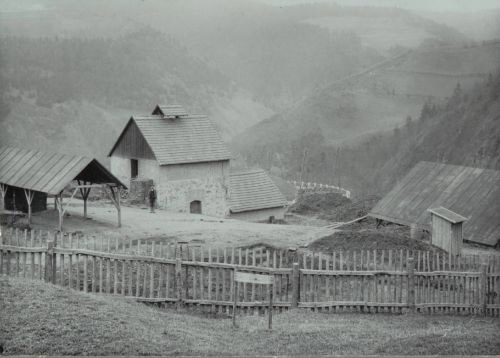 Rok. 1910, pohled na místo, na kdysi ještě nezalesněné kopce,  a sušárnu s kamennou zdí v přízemí, majitelem byl konkrétně Rudolf David.