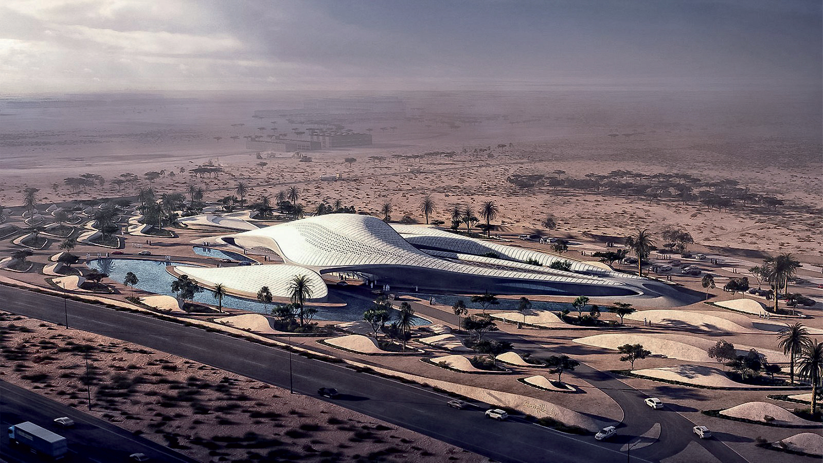 Podle návrhu známé architektky Zahy Hadid vzniká nové sídlo společnosti Bee’ah, zabývající se životním prostředím. Futuristická stavba byla navržena podle skutečných písečných dun. (zdroj: www.zaha-hadid.com)