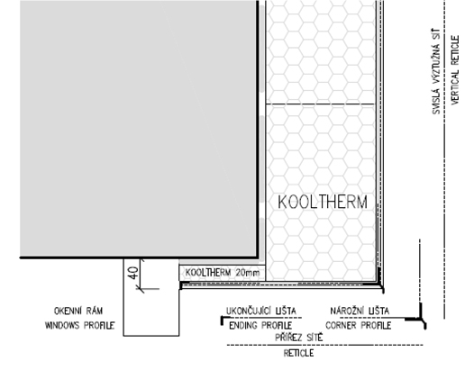 Obr. 1 Detail provedení zkušebního tělesa pro požární zkoušku dle ČSN ISO 13785-1. Kooltherm K5 Kontaktní fasádní deska použita v plném rozsahu zateplované plochy.