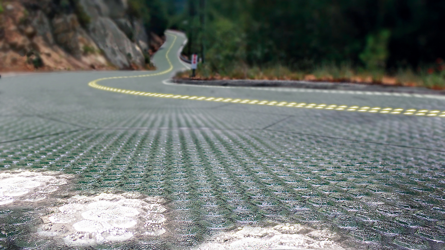 Takto by mohla venkovská silnice z materiálu Solar Roadways vypadat v budoucnu. Foto: Scott a Julie Brusawovi