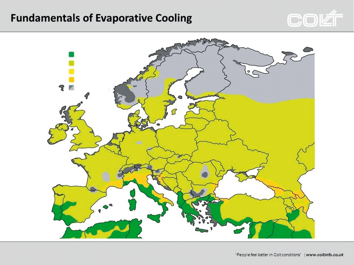 Obr. 1 Přehledná mapa vhodnosti instalace adiabatického chlazení na území Evropy. Foto: Colt International