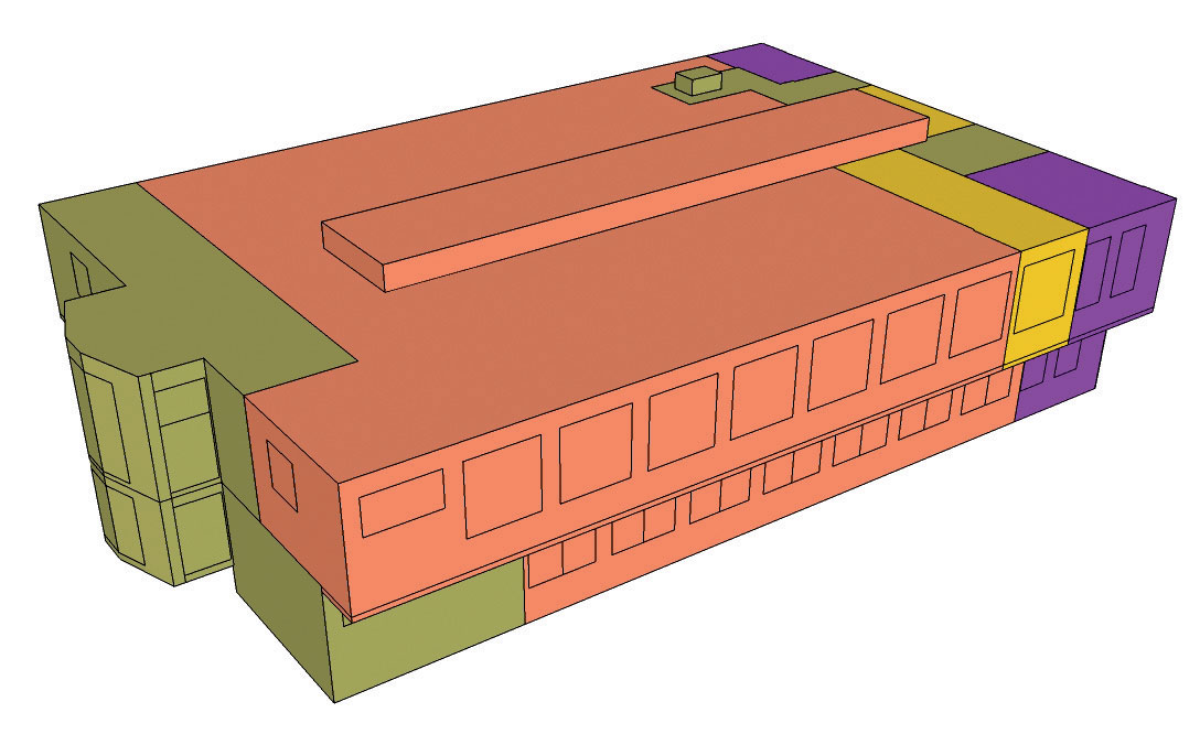 Obr. 2: Barevně rozlišené jednotlivé zóny v budově