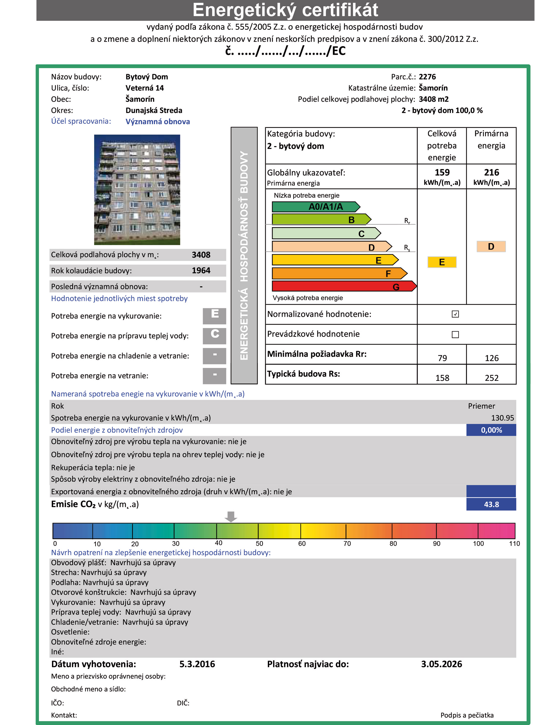 Obr. 3 Energetický certifikát bytového domu před a po obnově