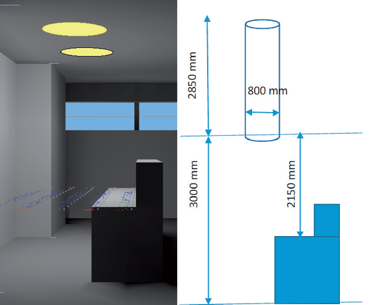 Obr. 1 Simulační výpočtový model a schéma umístění světlovodů v místnosti recepce