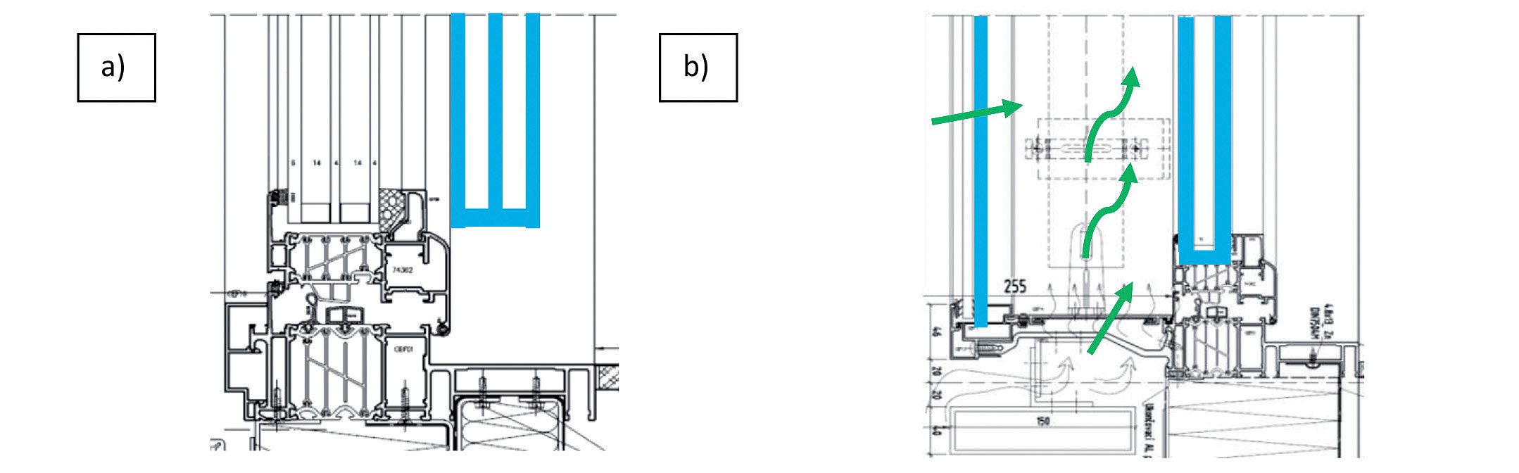 Obr. 5  Konstrukce okna a) detail SV fasády, b) detail JZ fasády