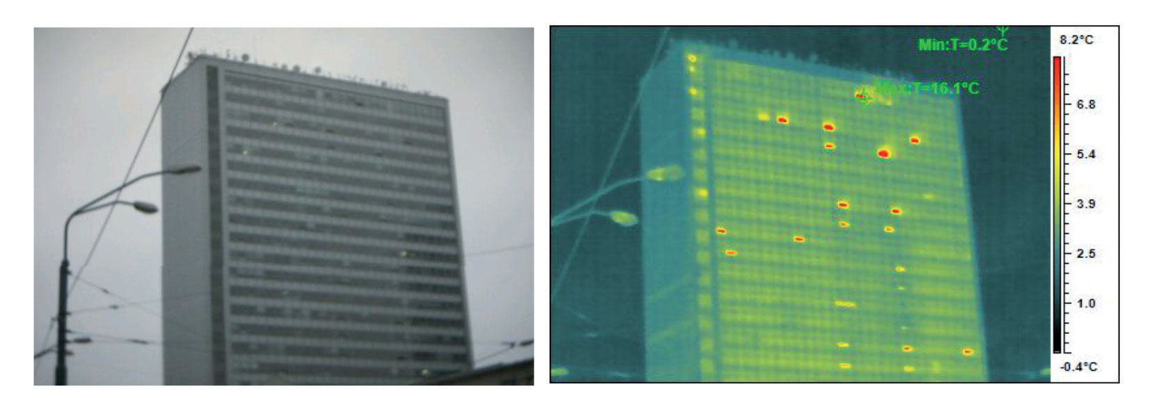 Obr. 6  Termovize jednoplášťové fasády výškové budovy (autor: Michal Lukačovič)