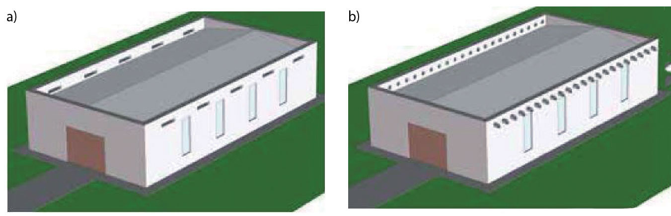Obr. 8 Alternativy bezpečnostního odvodnění střechy přepady v atice a) s hranatým průřezem (10 ks), b) s kruhovým průřezem (44 ks)