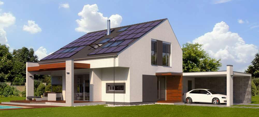 Vizualizace pasivního domu, využívajícího jako zdroje energie také FVE.